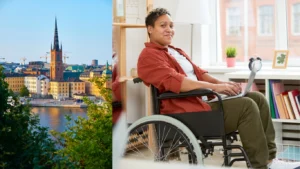 Kvinna i rullstol med personlig assistans i Stockholm.